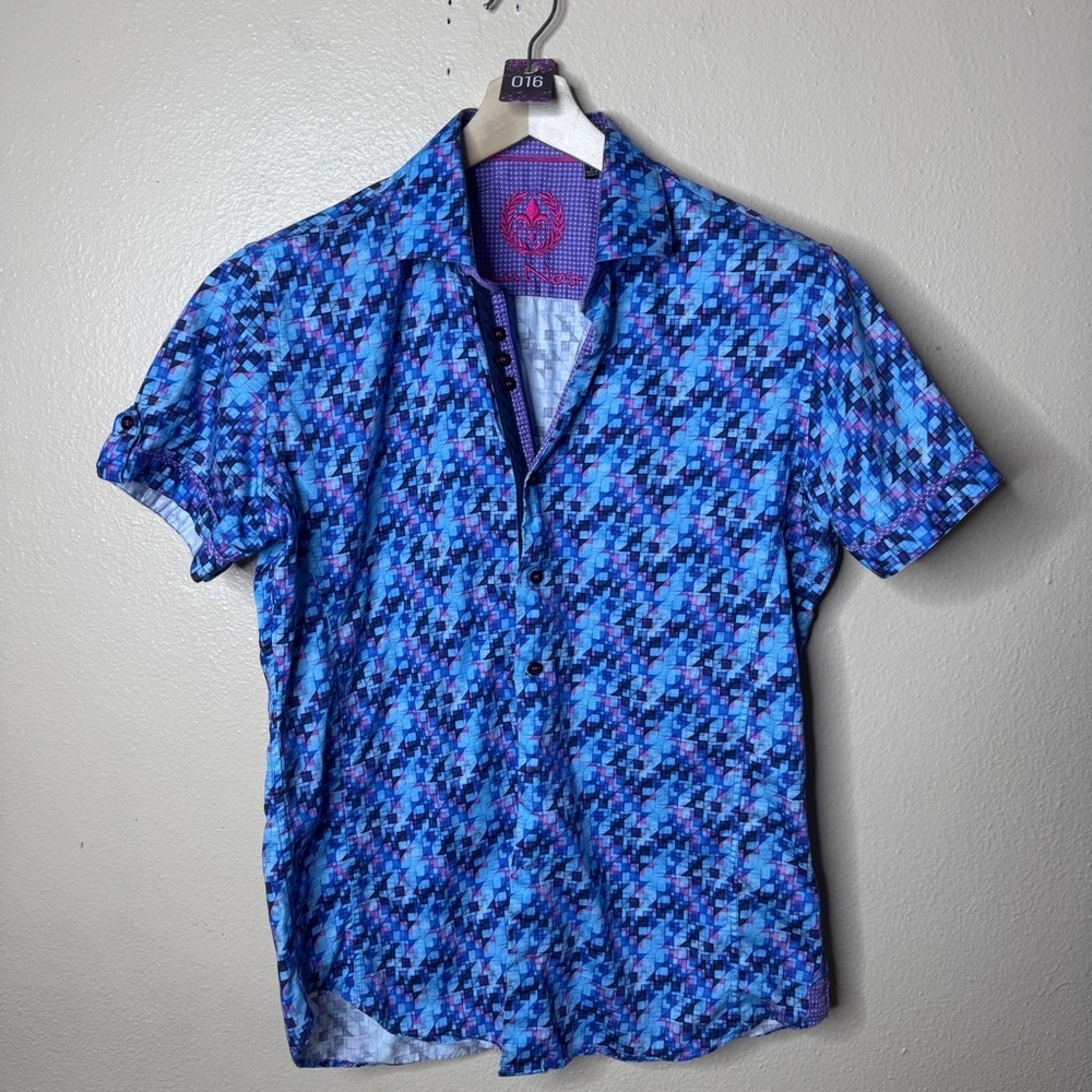 Au Noir Shirt Mens Medium Blue Purple Button Up Short Sleeve Geometric Pattern